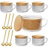 ZHENGYAOYANG 6 PACK Vintage Glass Coffee Mugs 14oz Clear Embossed Tea Cup Set with Bamboo Lids and Gold Spoons,Yogurt Bowl,kitchen gifts for women