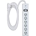 GE 6-Outlet Surge Protector, 10 Ft Extension Cord, Power Strip, 800 Joules, Flat Plug, Twist-to-Close Safety Covers, UL Liste