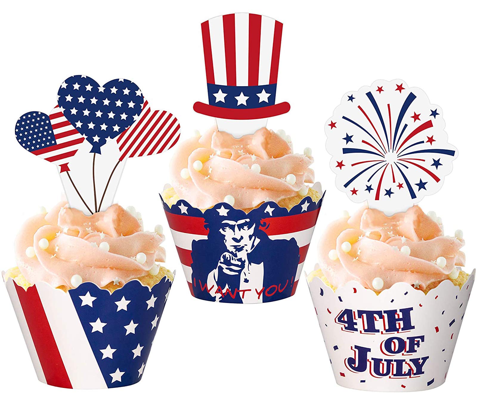 96PCS Fourth/4th of July Cupcake Toppers Wrappers - Patriotic Party Supplies Cake Decorations(48Sets)