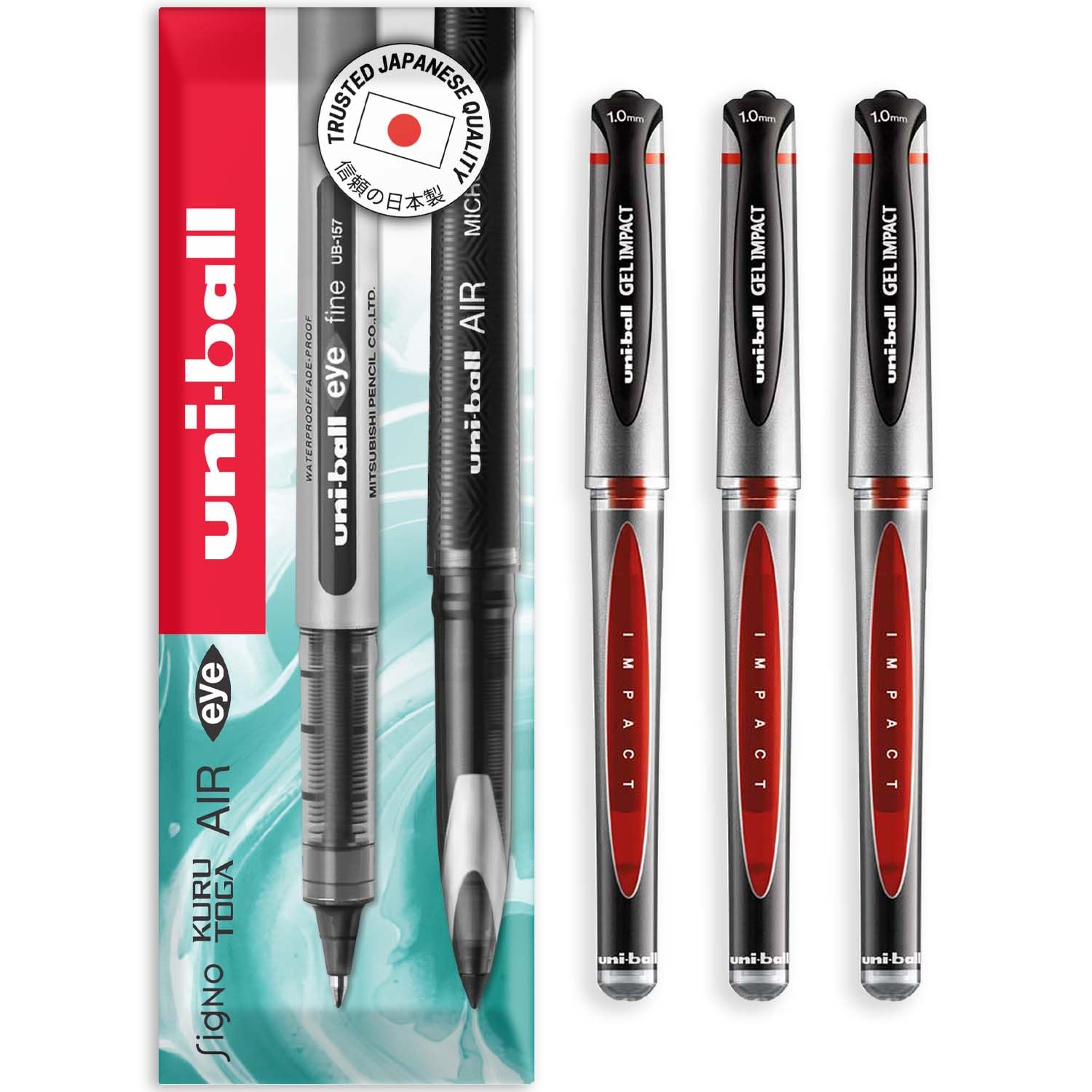 uni-ball Gel Impact Broad - UM-153S Rollerball Pens - 1.0mm Nib Tip - In Envelope Gift Packaging (Pack of 3, Red)