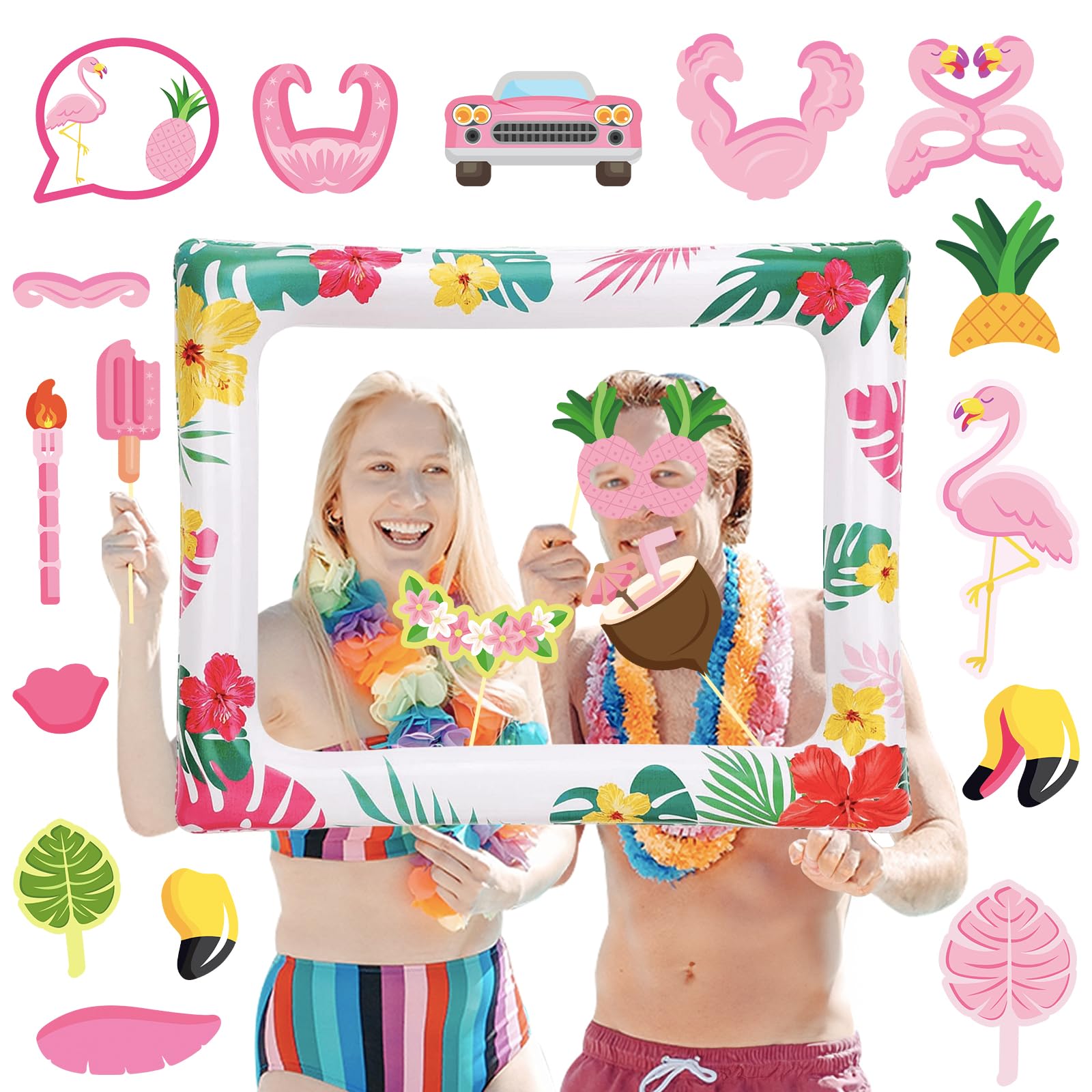 Hawaii Flamingo Inflatable Photo Booth with 20pcs Photo Booth Props Selfie Picture Frame for Summer Family Celebration, Giant Blow Up Frame Celebration Party Props