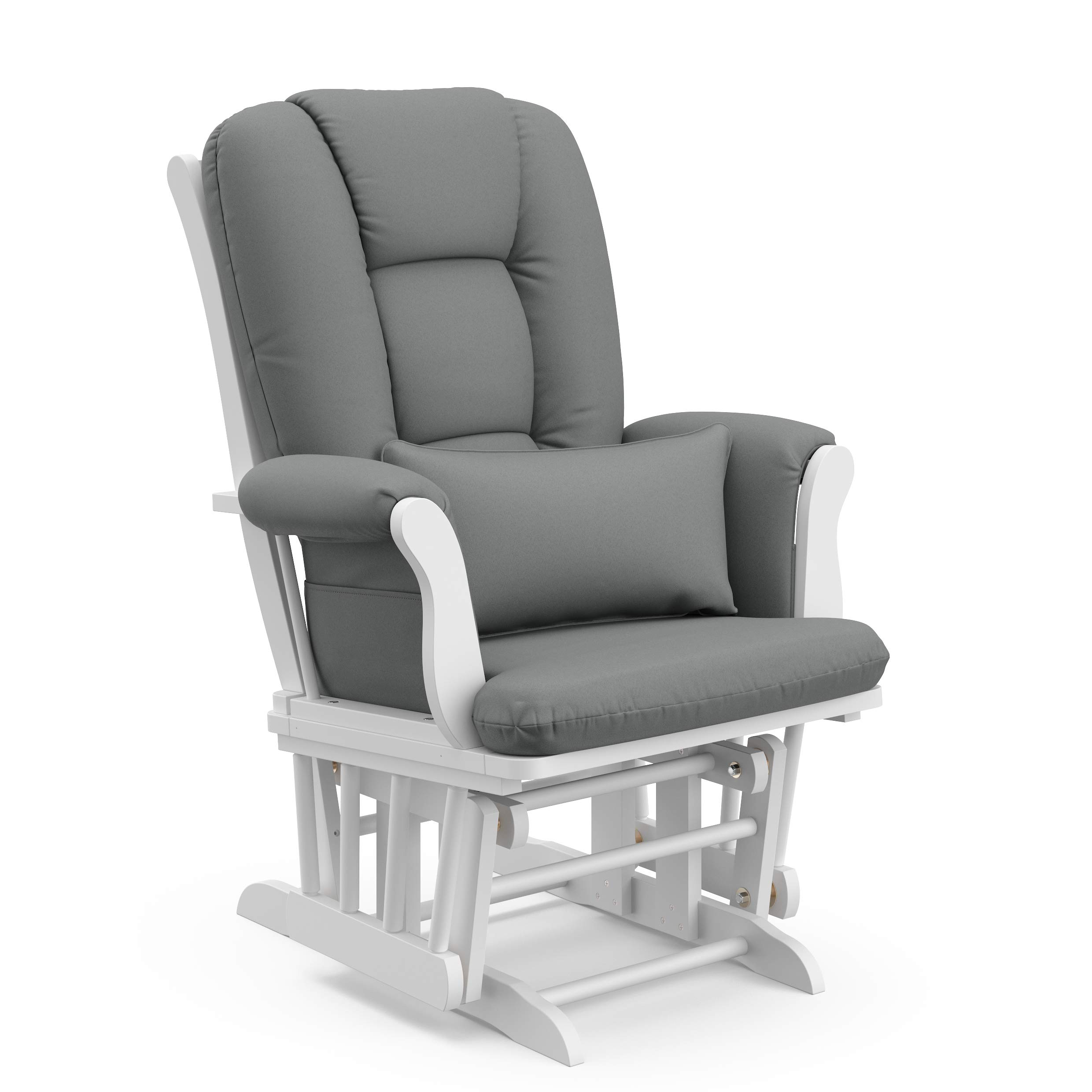 STORKCRAFT Tuscany Custom Glider and Ottoman with Free Lumbar Pillow (White/Grey) - Cleanable Upholstered Comfort Rocking Nursery Chair with Ottoman