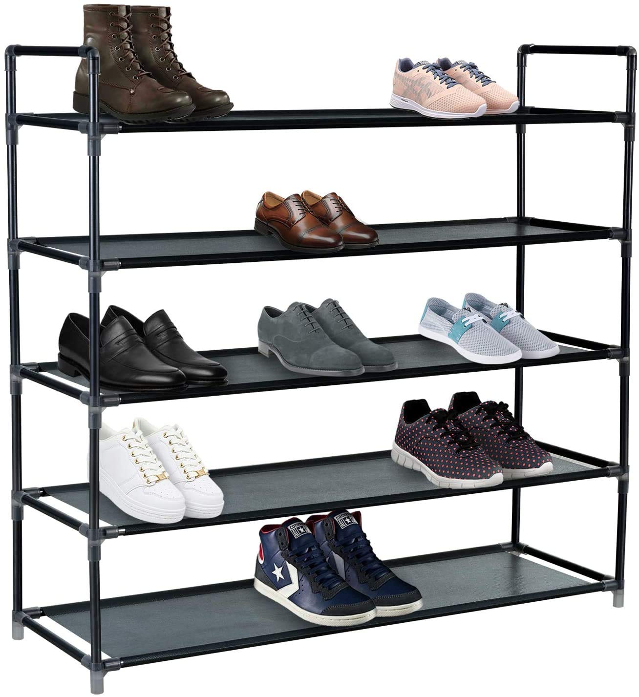 Nyxi 5 Tier, 25 Pairs Shoe Rack Multipurpose Stand or Standing Tier Storage Organiser in Black & Grey Colours L 86cm x (W) 28cm x (H) 82.5cm (Black)