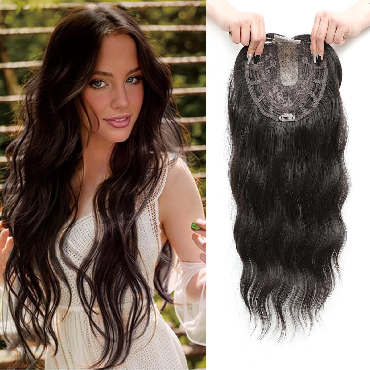 FINE PLUS 20-Inch Wavy Hair Topper for Women With Thinning Hair - Brown Black Synthetic Clip-In Fringe Topper Hair Piece to Add Volume