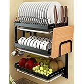 Supfirm Wall Mounted Stainless Steel Dish Drying Rack Fruit Vegetable Storage Basket with Drainboard and Hanging Chopsticks Cage Knife Holder Kitchen Supplies Shelf Utensils Organizer (3-Tier)