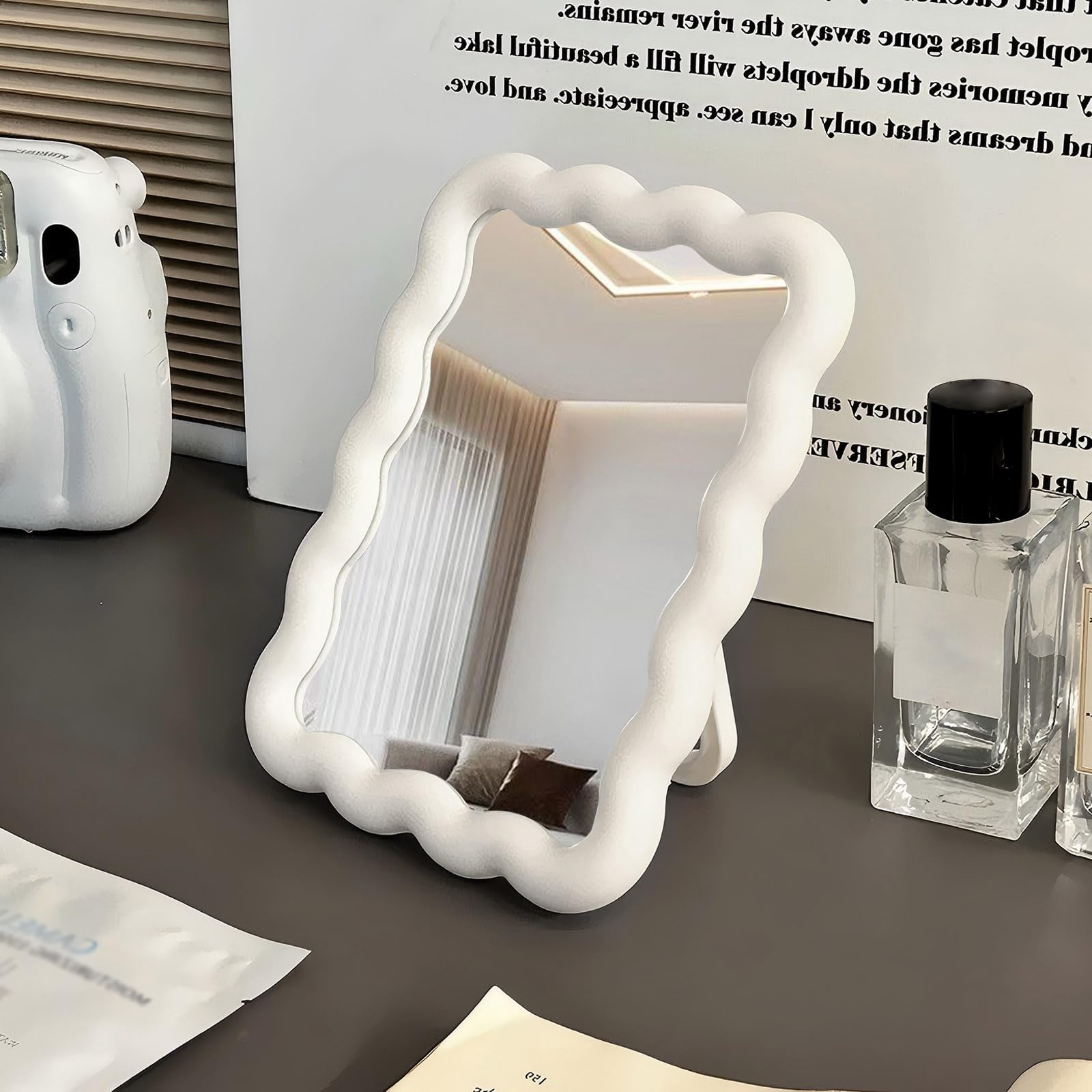 Photo 1 of CCREDONE Wave Shaped Table Desk Vanity Makeup Mirror Cute Portable Travel Folding Make Up Mirror for Standing Hanging 6.7X5.3 Inch Home Decoration (White)
