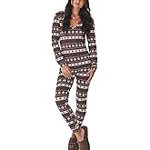 ICNGLKSND Women's Sexy Christmas Bodycon Jumpsuit Long Sleeve Union Suit Sleepwear Button V Neck One Piece Ugly Party PJs
