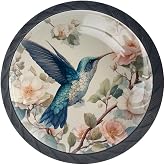 DragonBtu 4 Pcs 1.37" Round Cabinet Knobs Hummingbird and Flowers Kitchen Cupboard Knob Black Drawer Hardware Pulls Dresser Handle with Screws Furniture Decoration
