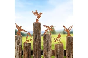 Doodlream 6 Pcs Hummingbirds Fence Decor, Outdoor Garden Metal Bird Decoration, Metal Art Ornament for Yard, Double-Side Desi