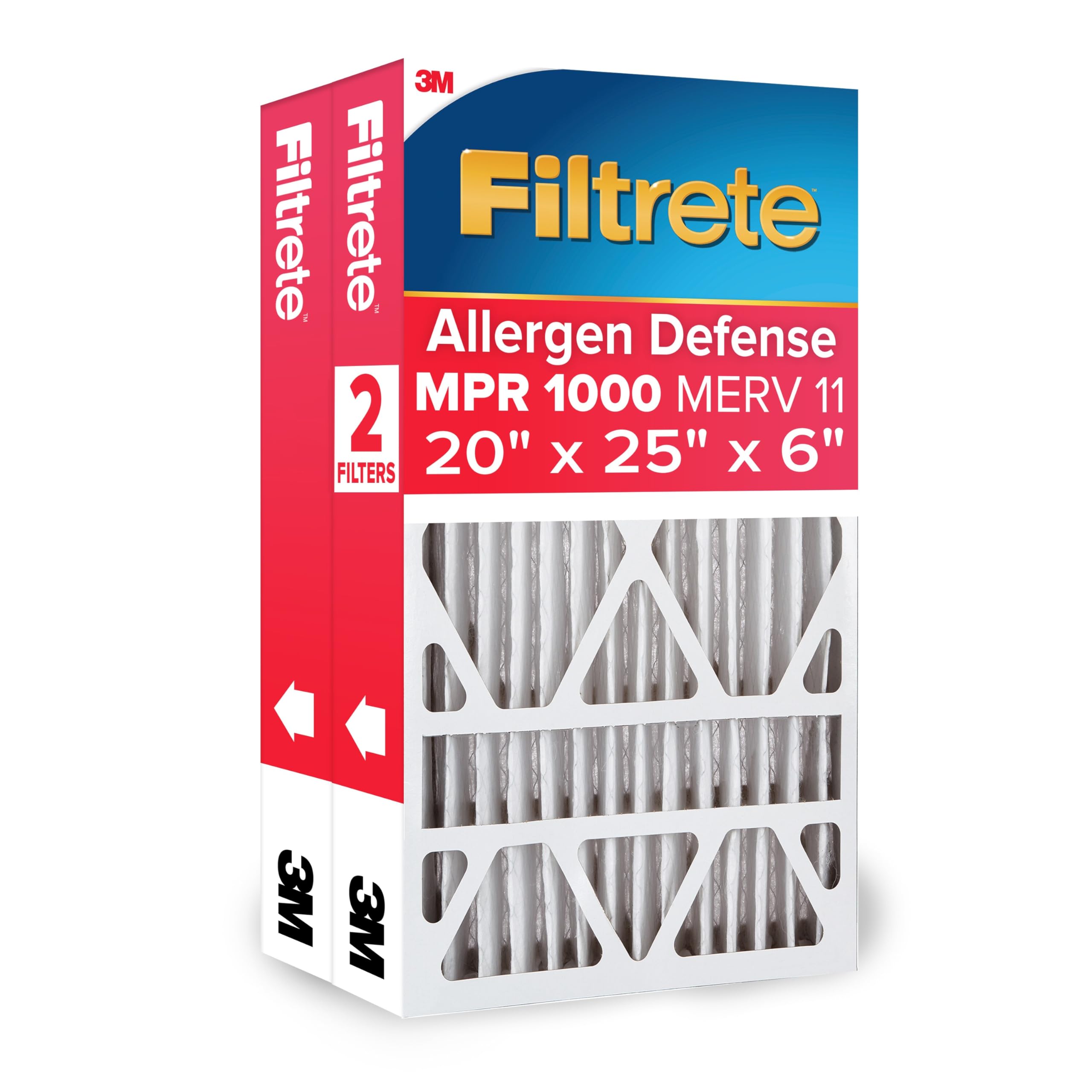 Filtrete 20x25x6 AC Furnace Air Filter, MERV 11, MPR 1000, Fits Space-Gard, Micro Allergen Defense, Electrostatic Air Cleaning Filter, 2-Pack (Actual Size 19.50x24.50x5.75 in)