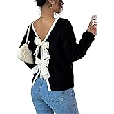 FOTKLAX Women's Off The Shoulder Pullover Bow Ribbed Knit Sweater Cute Crew Neck Long Sleeve Trendy Cozy Sweaters