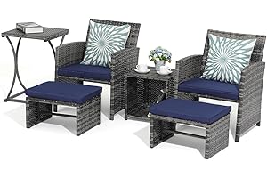 OC Orange-Casual 6 Piece Patio Furniture Conversation Set with Ottoman, Outdoor Grey Wicker Chair and Table Set, Balcony Furniture for Apartments, Navy Blue