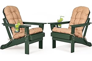 nalone Folding Adirondack Chairs Set of 2 with Cushion with Cup Holder, HDPE Plastic Oversized Patio Chair Weather Resistant, Used in Outdoor, Fire Pit, Deck, Garden, Campfire Chairs (Green)