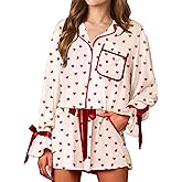 Prytgnsor Women's Valentine's Day Pajamas Sets Bow Print Long Sleeve Button Down Shirts+Ruffled Shorts Holiday Sleepwear