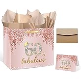 SUNDECO Large Rose Gold 60th Birthday Gift Bag for Women with Card, Wrapping Paper, and Envelope Ideal for 60th Birthday Gifts and Decorations