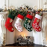RoundFunny 4 Pcs Vintage Christmas Stockings 18 Inch Embroidery Velvet Holders with Ribbon Bow and Snowflake for Fireplace Stairs Xmas Tree Stocking Stuffers Holiday Decorations