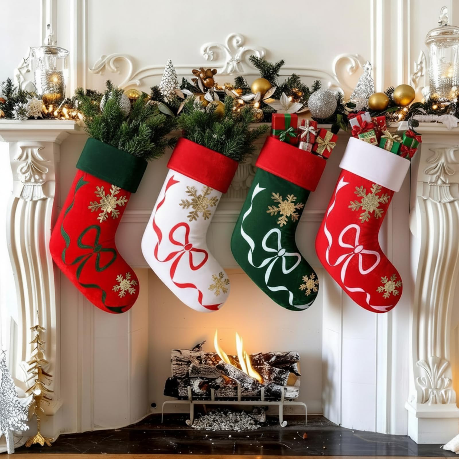 Photo 1 of RoundFunny 4 Pcs Vintage Christmas Stockings 18 Inch Embroidery Velvet Holders with Ribbon Bow and Snowflake for Fireplace Stairs Xmas Tree Stocking Stuffers Holiday Decorations