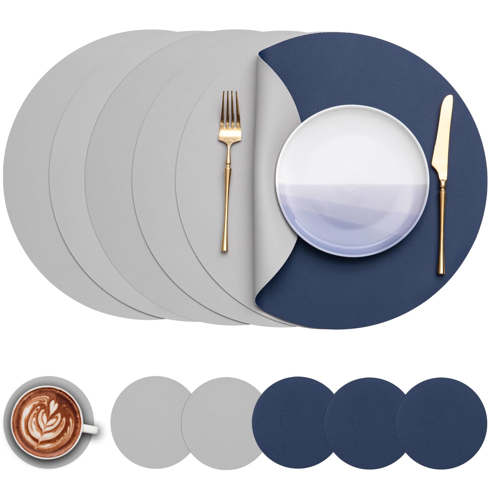 Myir JUN Round Table Placemats Set of 6 Faux Leather Place Mats and Coasters 15 inch Round Dual Sided Placemats Non-Slip Wipe Clean Stain Resistant (Blue Gray,Set of 6)