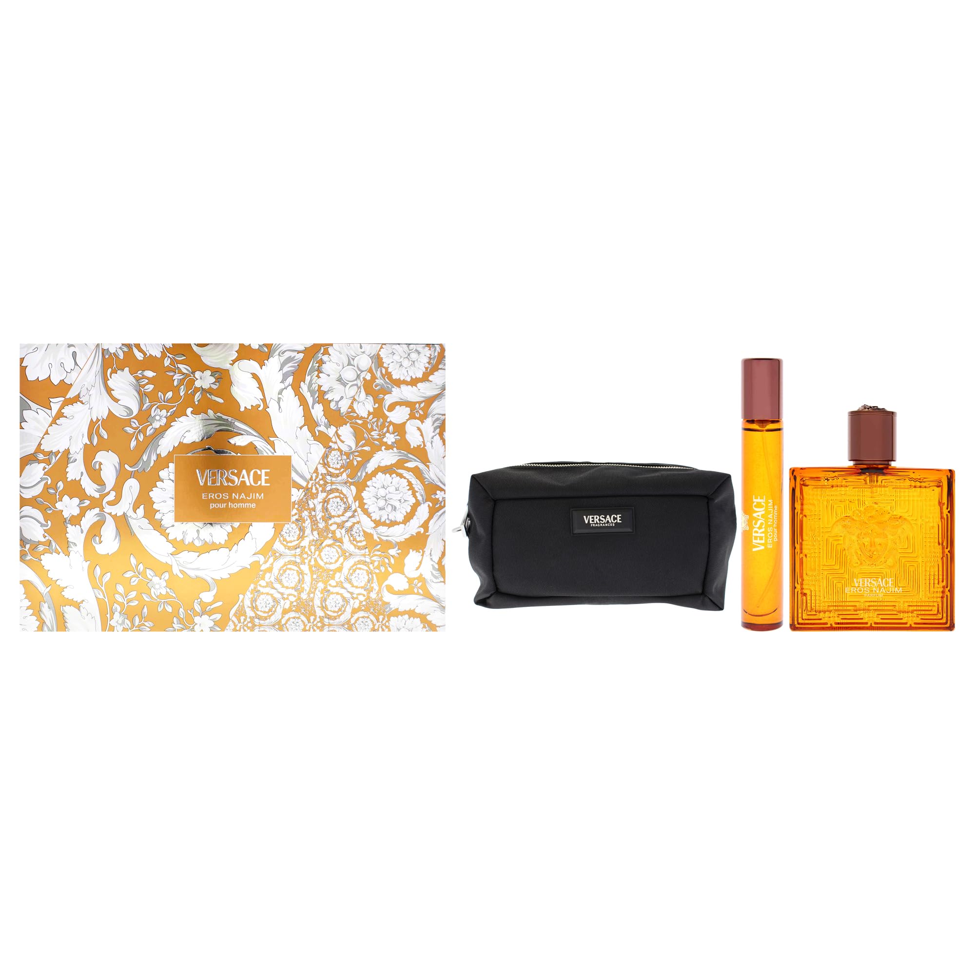 Eros Najim by Versace for Men – 3 Pc Gift Set 3.4oz Parfum Spray, 0.3oz Parfum Spray (Mini), Pouch