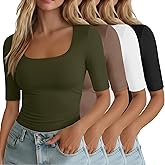 Neer 4 Pack Women's Half Sleeve Shirts Cotton Blend Elbow Length Tees Stretchy Square Neck Slim Fitted Casual Basic Tops
