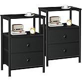 LOAKEKEL Night Stand Set 2, Bed Side Table with 2 Fabric Drawers, Nightstand with Open Storage Shelf for Bedroom, Small End Tables Living Room, Black, HETS002BK
