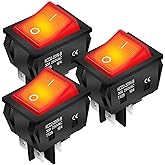 DaierTek 30A 250V KCD2 KCD4 Rocker Switch DPST 4 Pin Red Lighted 120V Rocker Toggle Switch ON Off Heavy Duty T125-3Pack