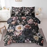 jejeloiu Kids Black Floral Comforter Set 7 Pieces King Size Retro Flower Bloosom Bedding Set for Boys Girls Rustic Rose Bed Set Bed in a Bag with Comforter, Sheets, Pillowcases & Cushion Covers
