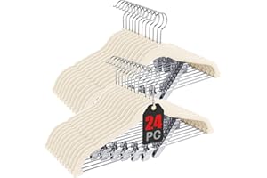 Korpai 24-Pack Beige Velvet Hangers with Clips Adjustable,Adult Hangers,Outfit Hangers,Heavy-Duty,Non-Slip,Space Saving, Felt Hanger for Pants, Skirts, Suits,Coats, Dresses ect.
