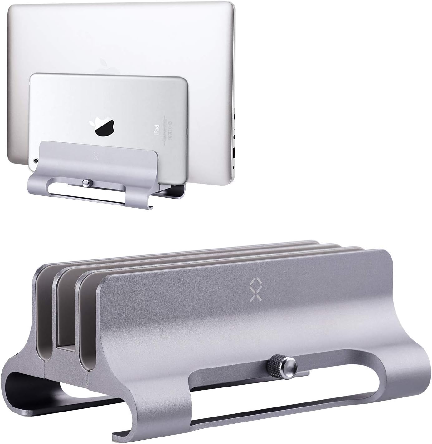 BECROWMEU Vertical Laptop Stand, Triple Slot Desktop Stand Holder with Adjustable Dock (Up to 18 inch), Fits All MacBook/Surface/Samsung/HP/Dell/Chrome book Silver