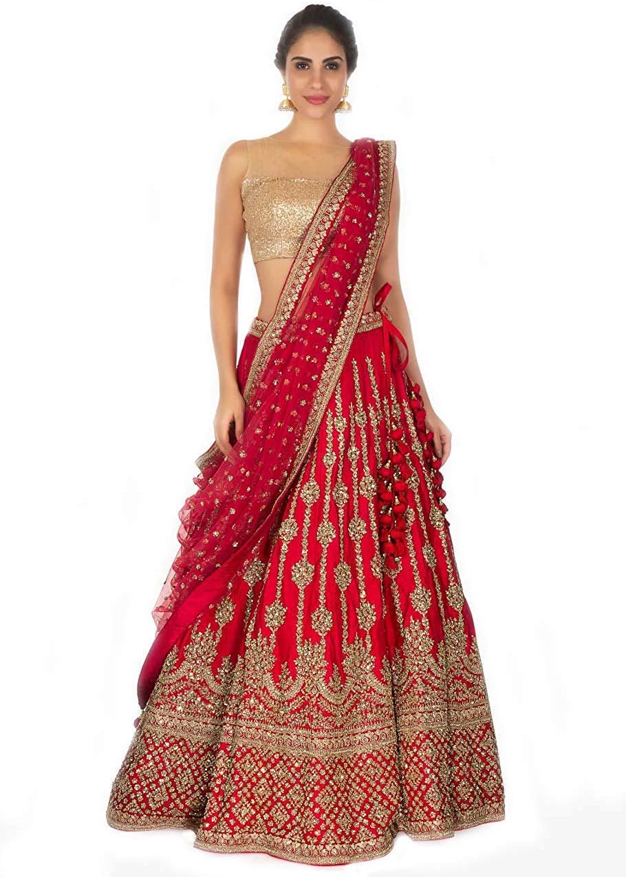 Queen of India Fashion Women's Taffeta Silk Heavy Embroidery Work Lehenga Choli (Red, Free Size)