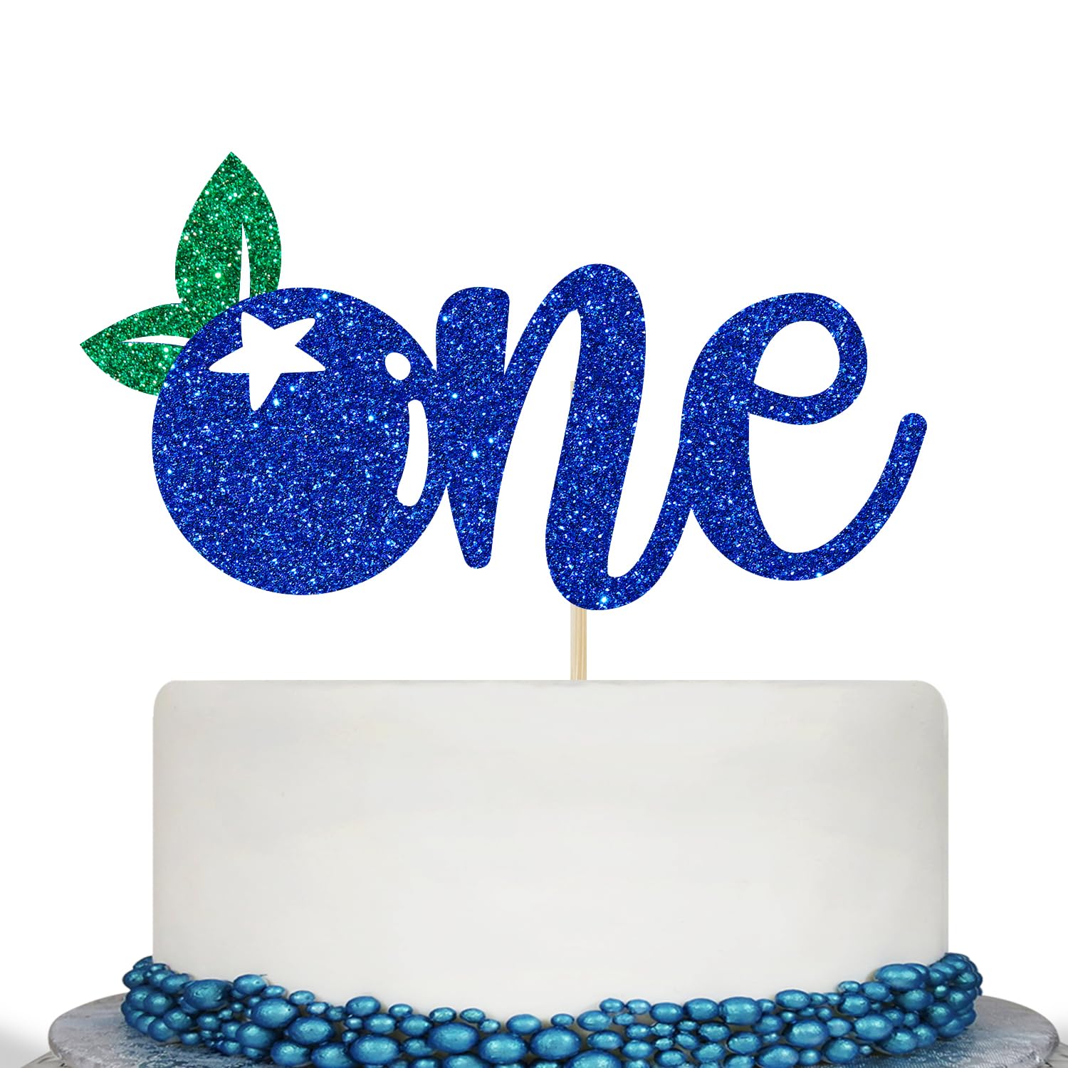 Photo 1 of Calarjeta Blueberry 1st Birthday Cake Topper, Food-Safe Paper, 4.2' x 5.9', Blue and Green Glitter, Baby Shower Decorations