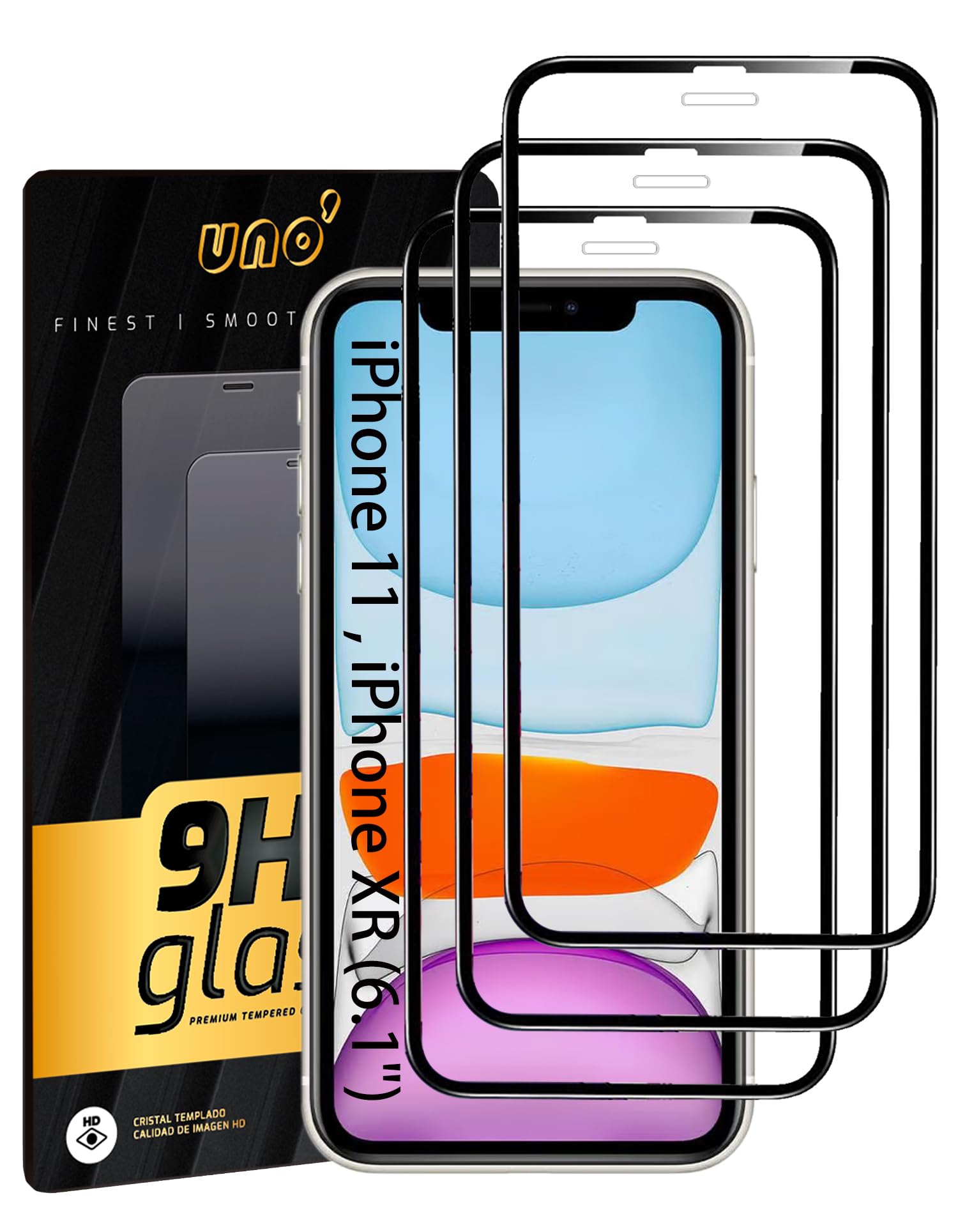 ONE' UNO' 3 Units Tempered Glass Screen Protector for iPhone 11/XR (6.1 Inches), Full Coverage with Black Edges, Anti-Fingerprint, Anti-Scratch, 9H Hardness, Bubble-Free, Extremely Resistant