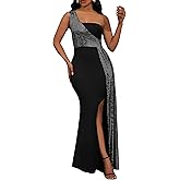 VERWIN Patchwork Sequins Bodycon Dress One Shoulder Sleeveless Dress Split Evening Glitter Cocktail Maxi Dress