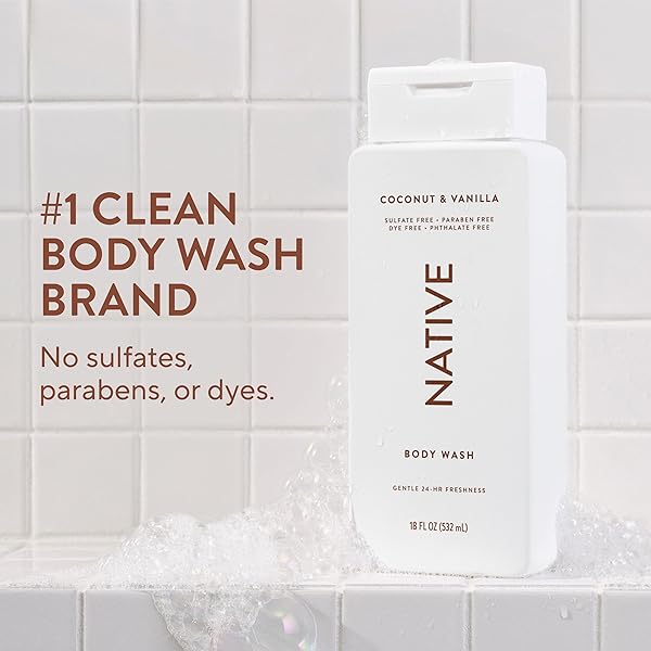 NATIVE BODY WASH CONTAINS NATURALLY DERIVED INGREDIENTS | FOR WOMEN & MEN, SULFATE, PARABEN, & DYE FREE LEAVING SKIN SOFT AND HYDRATED | COCONUT & VANILLA 18 OZ