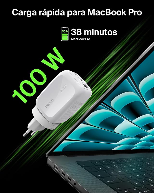 Cargador USB-C, 3 Puertos, Cargador GAN de 100 W, 2 USB-C y 1 USB-A, Enchufe EU, UK, USA, Carga Rápida para MacBook, iPhone, iPad Pro, Samsung Galaxy, Google Pixel, etc - Blanco
