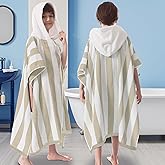 VOOVA & MOVAS Hooded Beach Towel for Big Kids | Large (8-16Years) Soft and Absorbent Cotton Poncho Towel Robe for Pool, Swim, and Bath, Tan Cabana Stripe
