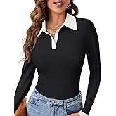 Rooscier Women's Ringer Button Down Collar Neck Ribbed Knit Long Sleeve Slim Fit Blouses Top