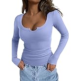 REORIA Womens Long Sleeve Scoop V Neck Shirts Ribbed Knit Slim Fitted Tops Trendy 2025 Fall Basic Tees Going Out Blouse