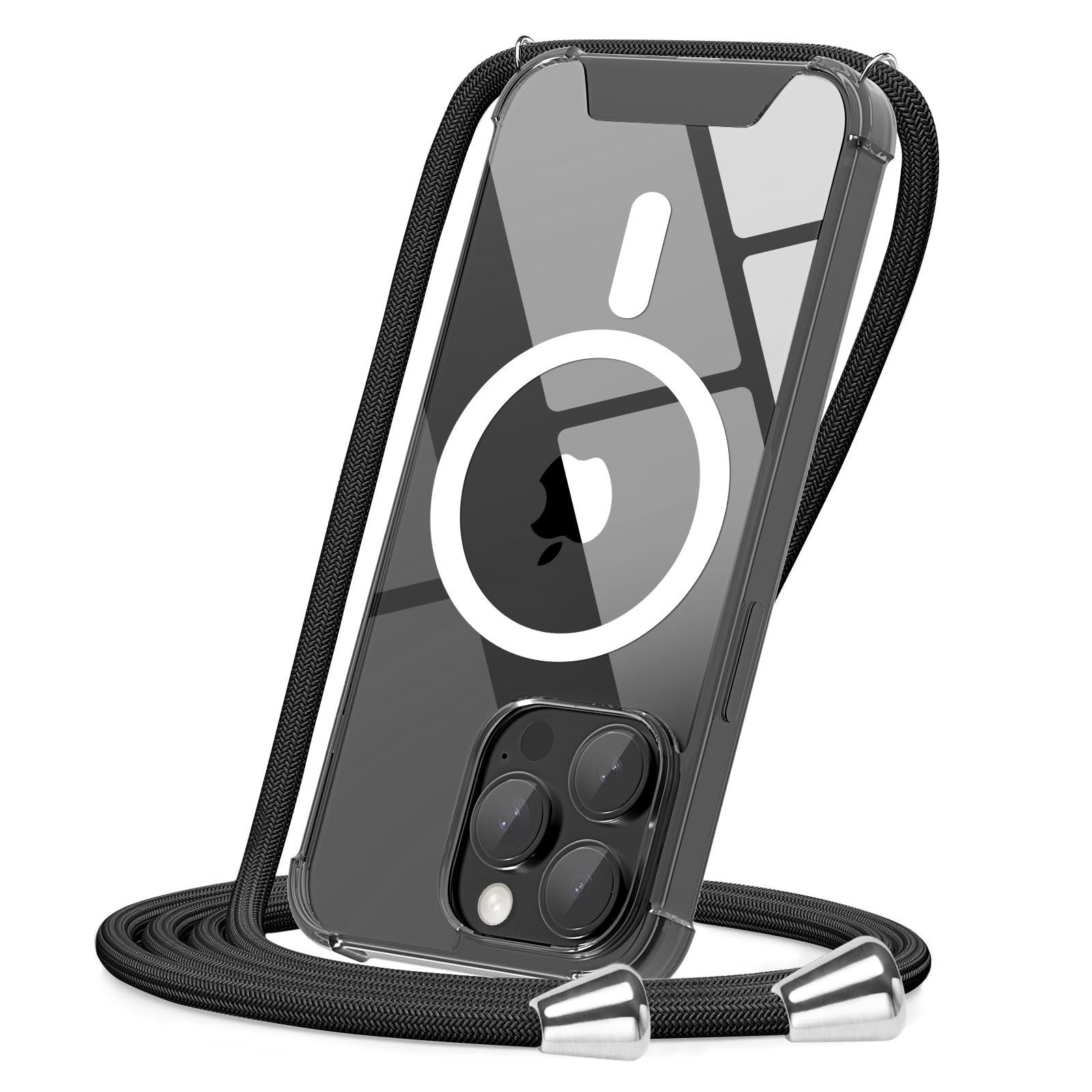 CAROKI Magnetic Crossbody Case for iPhone 14 Pro 6.1", [Strong MagSafe Compatible] Black Hybrid Protective Cover with Adjustable Detachable Lanyard Neck Strap, Shockproof Anti-Yellowing Clear TPU Case