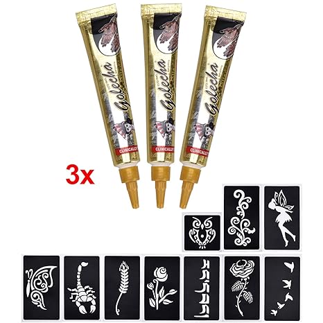 3x Henna Tattoo Temporäre Tattoo Natürliche Tubens + 10x Henna Tattoo Schablone,Lelengder Temporäre Mehndi Tattoos, Tattoo st