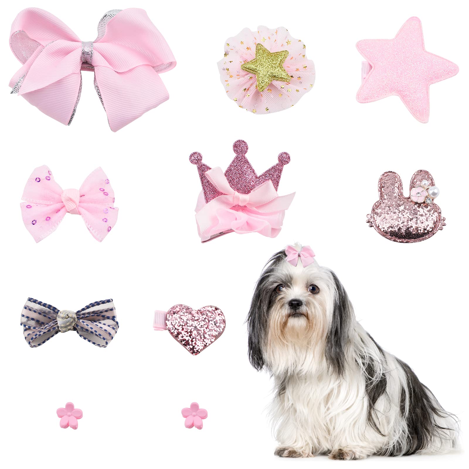 HACRAHO Dogs Hair Clips, 10 Pieces Mixed Styles Dog Hair Bows Dog Bowknot Hair Bows with Clips for Small Dogs Cats Puppy for Valentine's Day, Pink