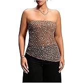 Floerns Women's Plus Size Sequin Strapless Tube Top Asymmetrical Sleeveless Beaded Party Tops