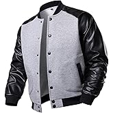 FANARCHER Men's Varsity Baseball Jacket Cotton Blend Letterman Jacket with Faux Leather Sleeve Bomber Coat