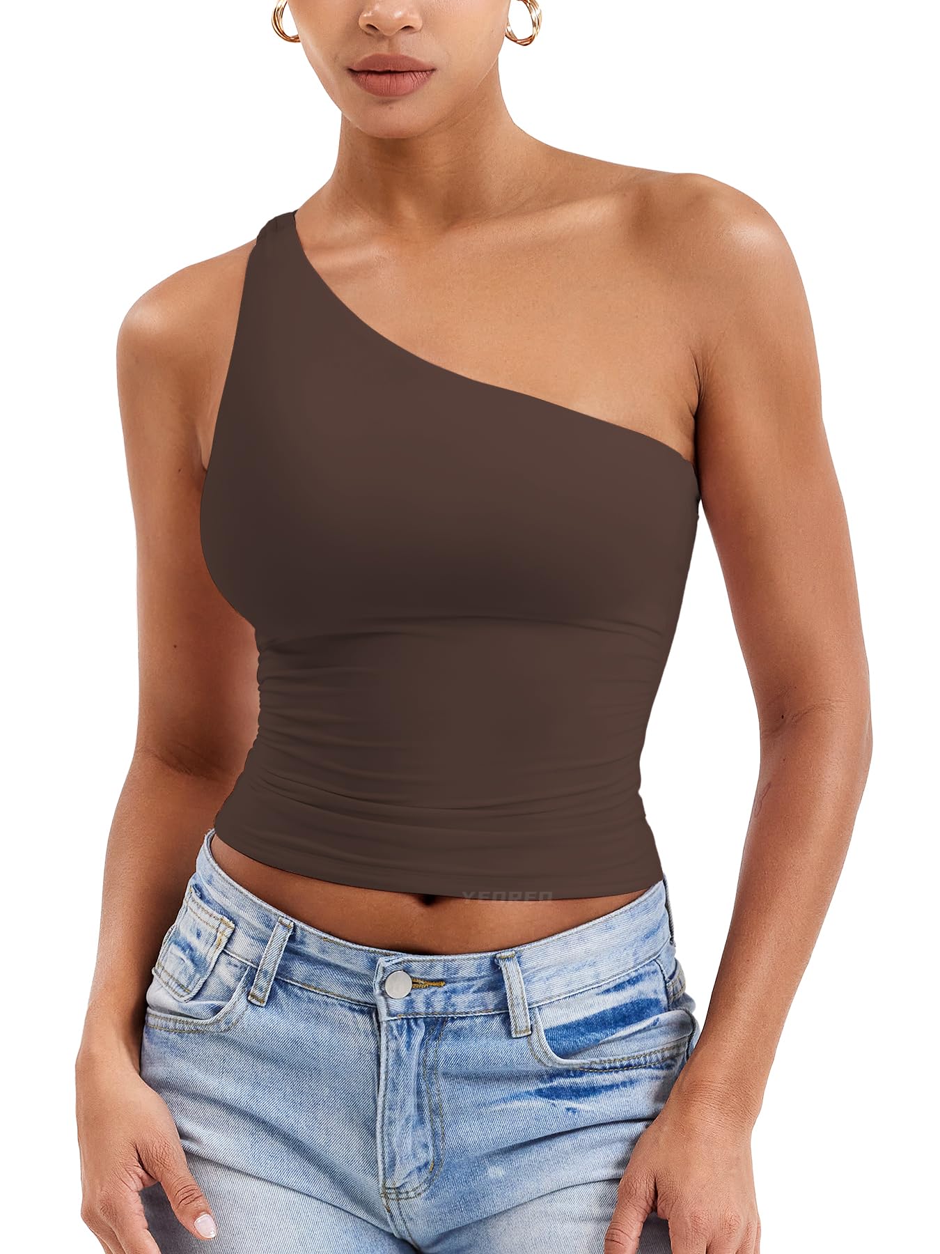 Photo 1 of YEOREO Womens One Shoulder Tops Sleeveless Going Out Tank Top Fanciy Double Lined Cropped Tee Y2K Summer Shirts Slim Fit Brown L