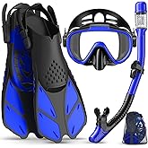 Ubekezele Snorkeling Gear for Adults Men Women,4 in 1 Snorkel Set with Panoramic View Diving Mask Anti-Fog Anti-Leak,Dry Top Snorkel,Fins and Travel Bag for Swimming,Snorkeling and Travel Diving