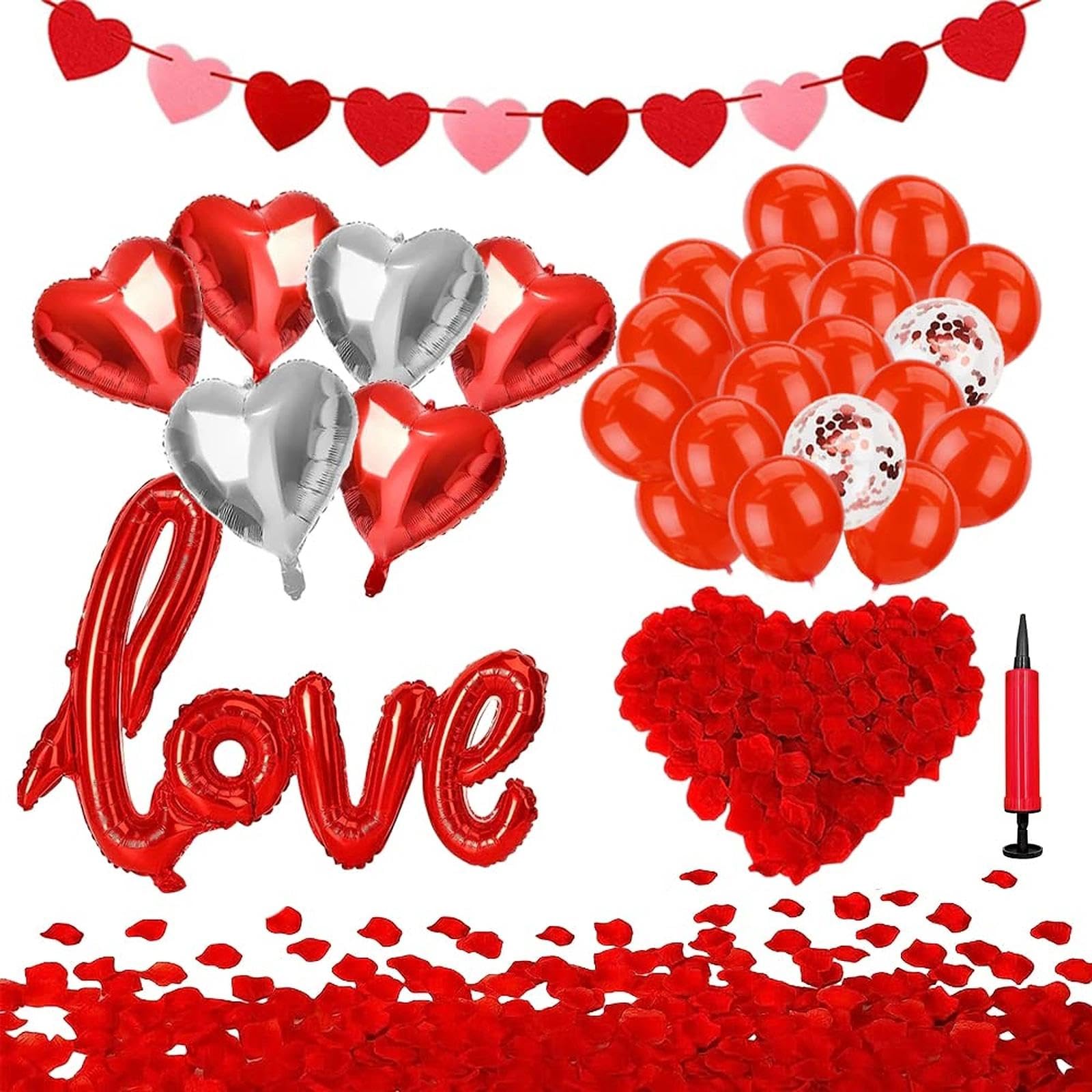 ZXShow Valentines Decorations - 1000 Rose Petals + Love & Heart Balloons + Heart Garland Banner + Balloon Pump for Wedding