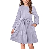 BesserBay Girls Long Sleeve Dresses Removable Tie Belt Fall Ribbed Dress Ruffle Hem with Pockets 6-14 Years
