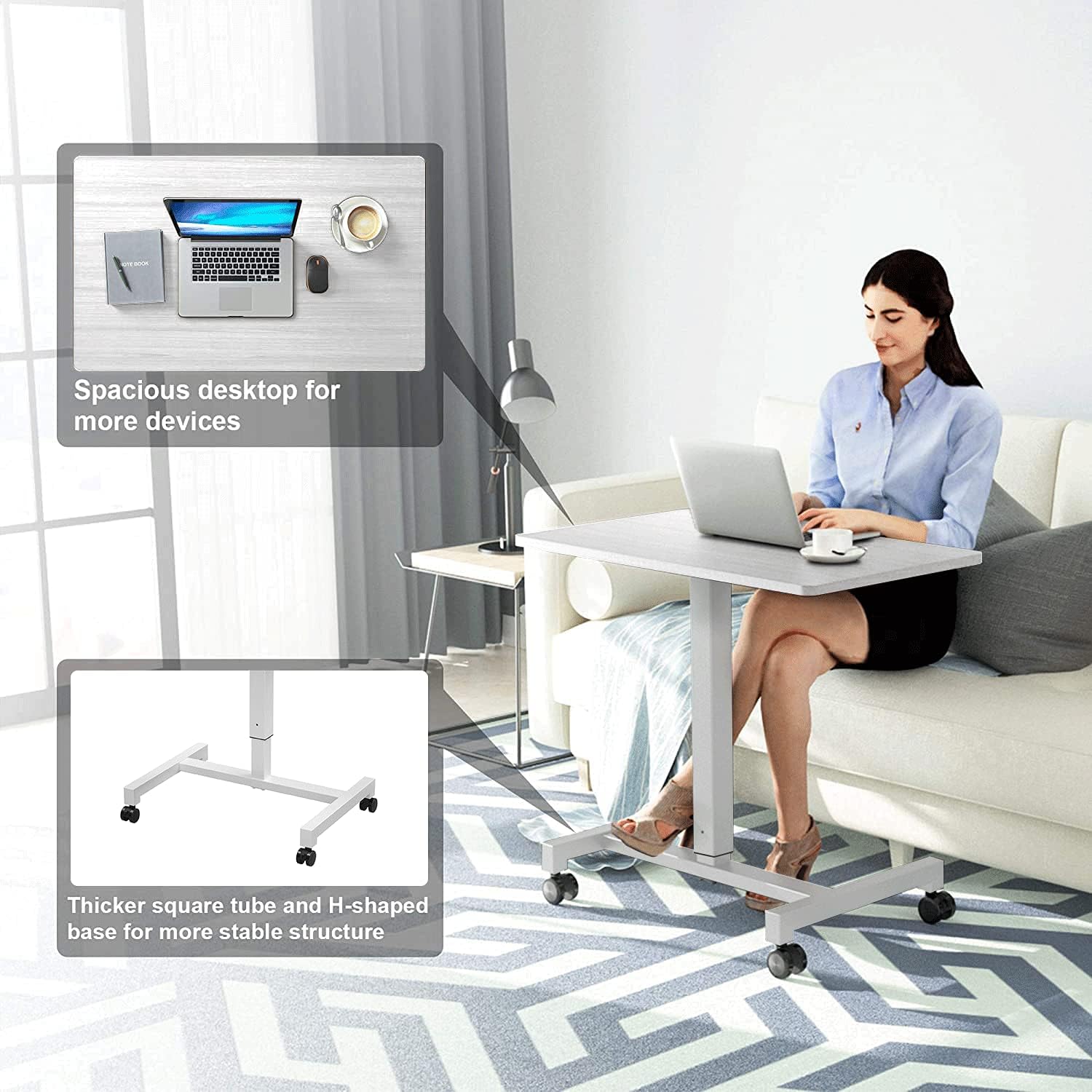27'' Pneumatic Adjustable Height Desk Mobile Laptop Standing Desk Cart, Portable Sit Stand Rolling Table for Home Office by FitDesk White: Kitchen & Dining