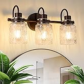 AMRUIPO 3 Lights Bathroom Vanity Light, Oil Rubbed Bronze Bathroom Light Fixtures with Hammered Glass Lampshade for Dressing 