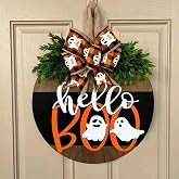 Halloween Welcome Door Sign Decorations, Cute Ghost Hanger Sign for Front Door, Halloween Wooden Wreath with Bow for Farmhouse Porch Home Outdoor Wall Decor (Hello Boo)